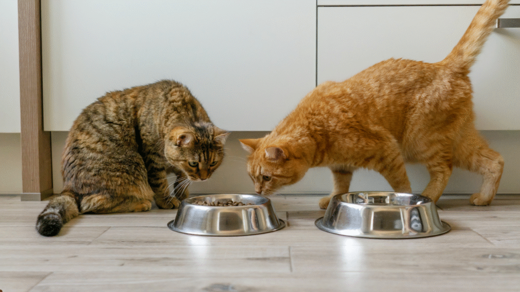 two cats eating